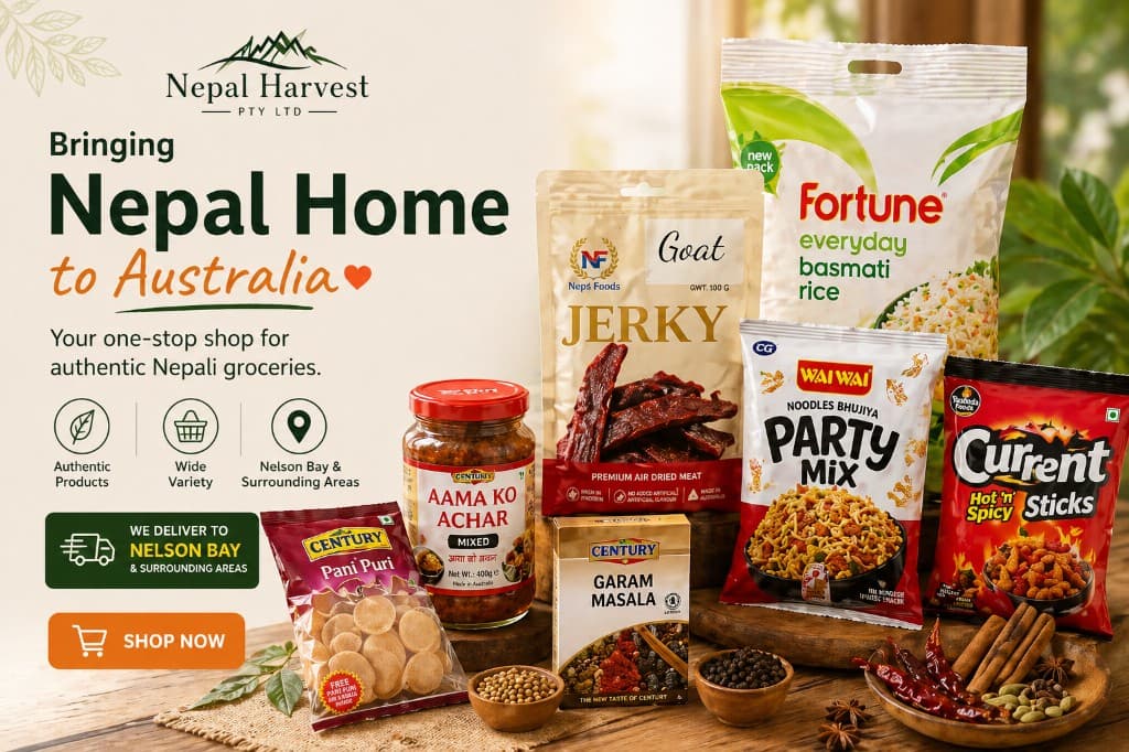 Nepal Harvest product hero with Nepali groceries